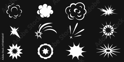 Collection of twelve white comic book style explosion and impact sound effect icons on a black background