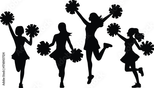 Cheerleader silhouette, pom-pom dance, energetic pose, sports spirit, team celebration, vector illustration, black graphic, performance art, athletic motion,