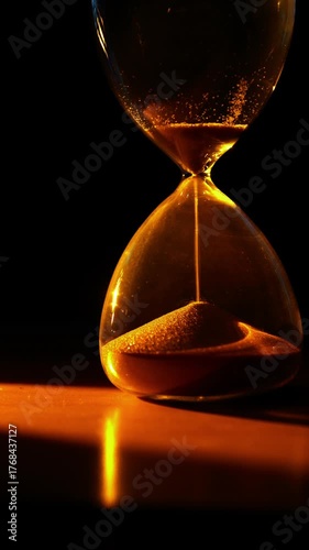 A striking vertical shot captures an illuminated hourglass with golden sand flowing on a reflective surface against a dark background, powerfully conveying time's passage.