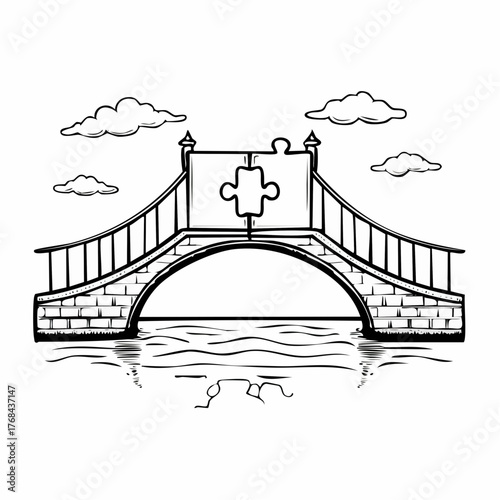 Handdrawn sketch of a suspension bridge over a river with clouds in the sky.
