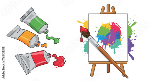 Colorful art supplies with paint tubes, a canvas, and a paintbrush, illustrating creativity and artistic expression.
