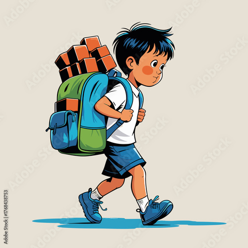 Young boy is walking with a backpack. Heavy School Backpack 
