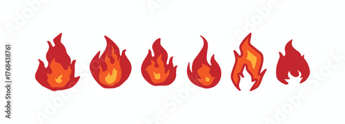 Set of six hand-drawn, flat fire flame icons or vector silhouettes. Perfect for game assets, stickers, energy, danger, or hot food designs