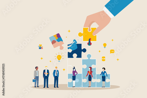 Business team assembling a complex puzzle with a helping hand and lightbulb ideas symbolizing collaboration and strategy