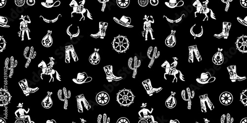 Whimsical western pattern with cowboys horses cacti boots hats and other iconic symbols