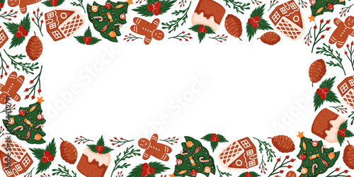 Festive border frame with gingerbread cookie, Christmas tree, pine cone, holly berry and cake on a white background. Holiday greeting card and winter season bakery design in flat style.