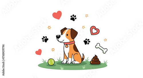Adorable cartoon dog sitting on the grass with hearts, paw prints, a bone, a tennis ball, and poop around him creates a fun pet-themed scene.