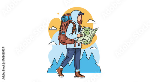 A hiker with a backpack and map explores nature on a sunny day.