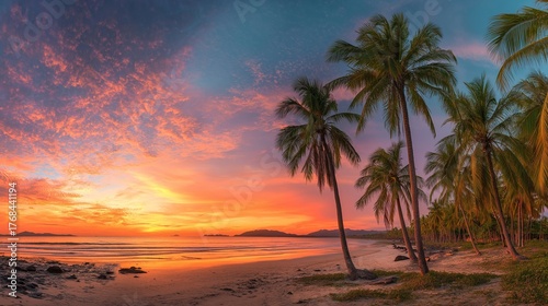 Tropical sunset over a tranquil beach with palm trees and colorful clouds on a serene evening