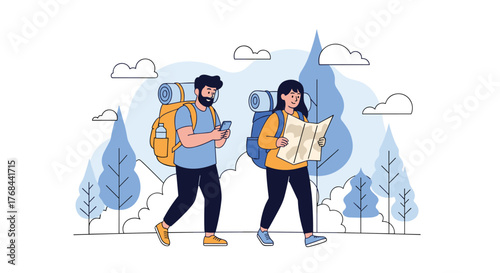 Two hikers with backpacks explore a natural landscape, one checking a smartphone and the other reading a map.