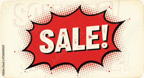 Retro comic style SALE text explosion banner in red and white pop art design with halftone background