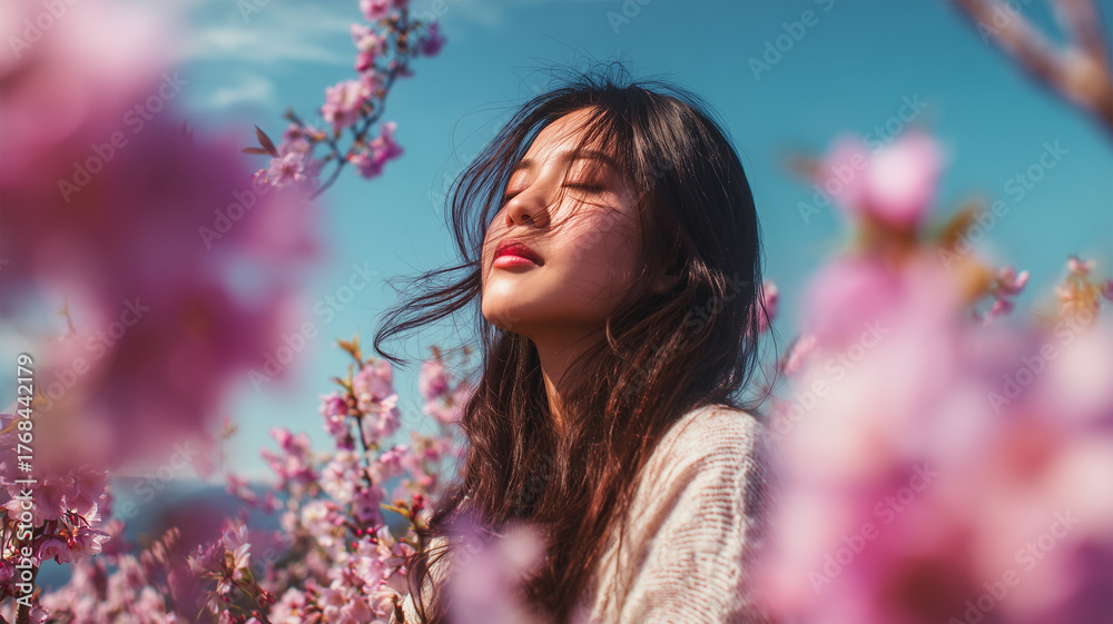 Fototapeta premium 春風と桜に包まれる女性の横顔の描写