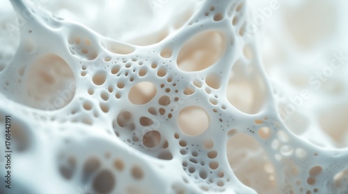Close-up 3D abstraction of a porous organic structure with intricate, lace-like networks, resembling the spongy interior of a bone
