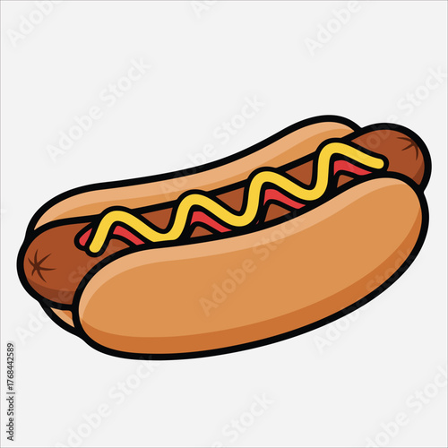 A cartoon-style hot dog with yellow mustard and red relish on a white background.