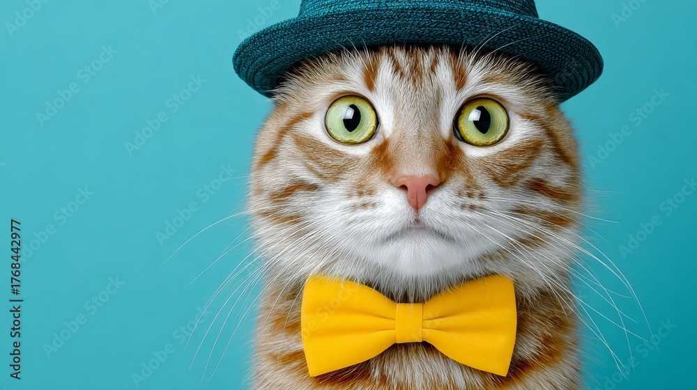 Fototapeta premium Cat wearing a stylish blue hat and bright yellow bow tie, posing against a vibrant turquoise background, showcasing a playful and whimsical atmosphere in a charming portrait