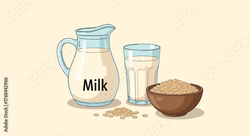 An appealing illustration of a glass pitcher and drinking glass filled with milk, accompanied by a wooden bowl of wholesome oats and scattered grains.