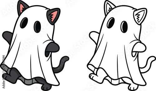 Adorable Black Cat Dressed as a Ghost in Cute Halloween Costume Illustration