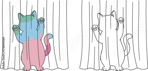Cute Cat Playing and Clinging Behind Curtains, Fun Cartoon and Coloring Page Illustration