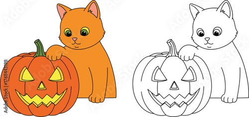 Cute Cat with a Jack O’Lantern Pumpkin, Adorable Halloween Cartoon and Coloring Page Illustration