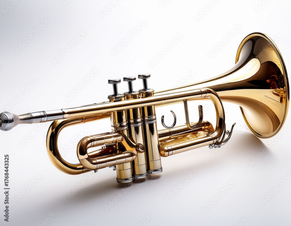 Obraz premium trumpet isolated on white background showcasing its shiny brass finish and intricate valves