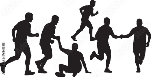 Sportsmanship: Runners Helping Injured Athlete Silhouettes