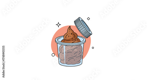 Cartoon illustration of a specimen cup filled with poop for medical or scientific analysis with some coming out, surrounded by sparkles.