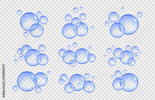 Blue transparent chewing gum spheres vector water drops round background isolated.