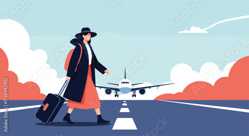 Woman with luggage walks on an airport tarmac as a plane lands in the background.