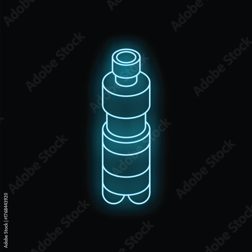 Blue glowing neon line electronic cigarette vape atomizer icon isolated on black background