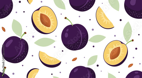 Seamless pattern of plums with leaves on a white background, a vibrant design for textiles, wallpaper, and backgrounds.