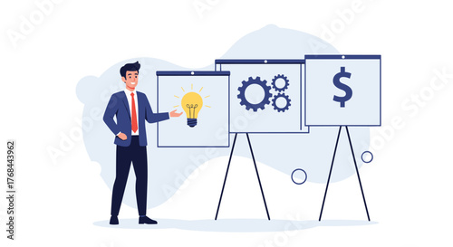 Businessman presenting a strategic plan, outlining ideas, processes, and financial outcomes on whiteboards.