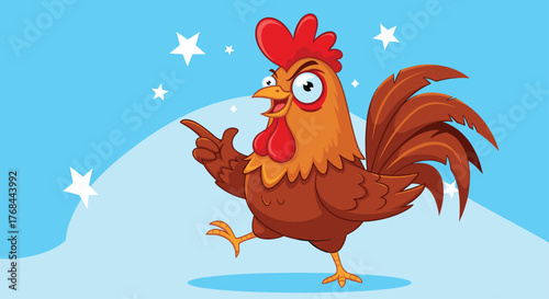 Cartoon rooster pointing forward with a gleeful expression, set against a blue backdrop with white stars and a subtle snowy hill in the background.