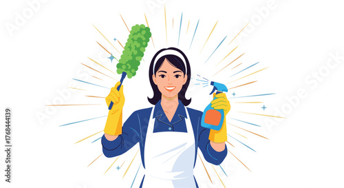 Cheerful female cleaner in uniform holding duster and spray bottle, ready for spring cleaning, radiates cleanliness and efficiency.