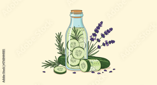 A refreshing bottle of cucumber and lavender infused water with rosemary and ice cubes.