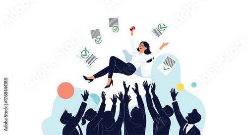Team celebrates a successful colleague by throwing her in the air amidst scattered papers with checkmarks.