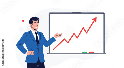 A smiling businessman in a blue suit presents an increasing red line graph on a whiteboard, showing positive growth and business success.