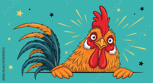 Cartoon rooster peeking over a surface with a surprised expression and colorful tail feathers.