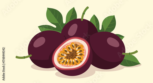 A group of ripe passion fruits, one cut in half to reveal the juicy interior with seeds.