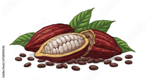 Illustration of ripe cocoa pods with beans and green leaves, on a white background.