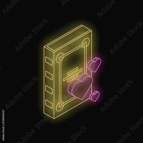 Neon sign representing an online dating app showing a profile with hearts floating around it