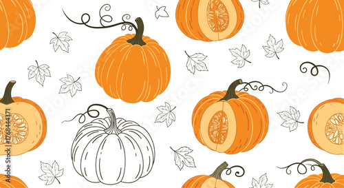 Seamless pattern of various orange pumpkins and autumn leaves for fall decoration.
