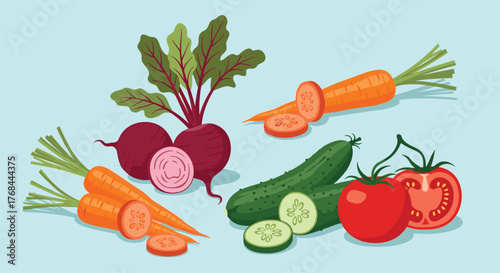 A vibrant illustration showcasing a collection of fresh, colorful vegetables on a light blue background, ready for healthy eating and cooking purposes.