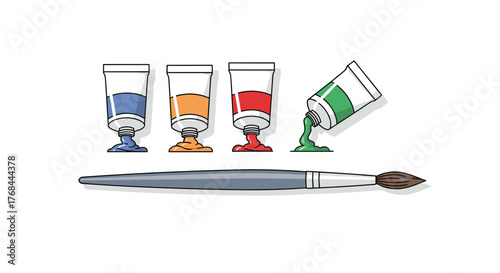 Four tubes of paint spill out colors onto a surface next to a paintbrush.