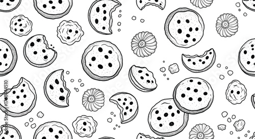 Seamless pattern with hand-drawn cookies in black and white for food-related designs and baking themes, creating a sweet and playful backdrop.