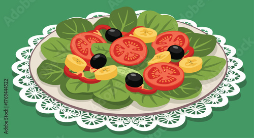 Fresh salad featuring tomatoes, bananas, olives, and lettuce served on a decorative doily for a healthy meal or side dish.