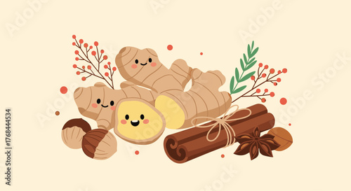 Cute illustration of seasonal spices and ingredients for baking and cooking, perfect for autumn and winter themes, with smiling faces on each item.