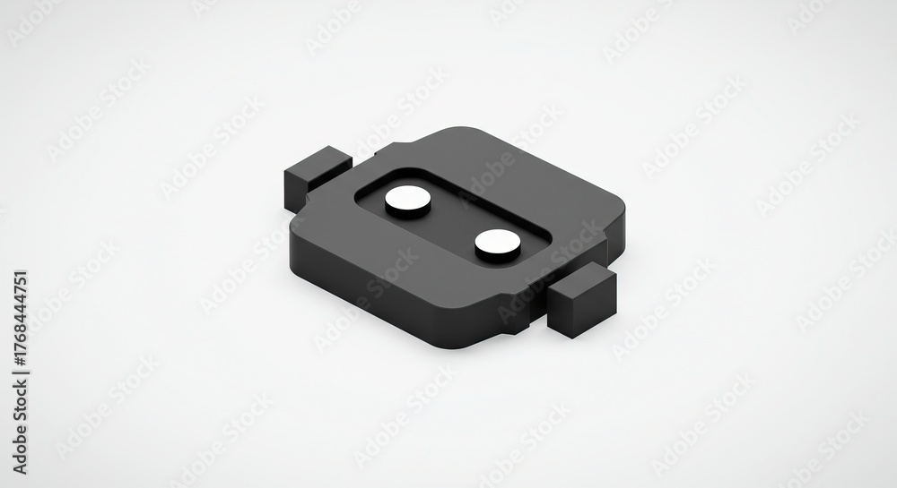 Fototapeta premium Minimalist 3D rendered black module with two white dots on a clean white background, representing a simplified electronic component or robotic sensor design