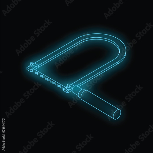 Neon blue outline of a hacksaw glowing on a black background