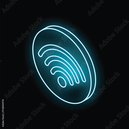 Glowing blue neon wi fi symbol is depicted against a black background, representing wireless network connectivity