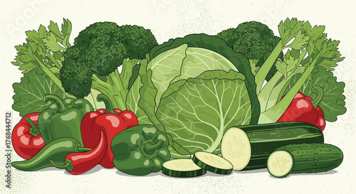 A colorful illustration of various fresh vegetables, perfect for healthy eating and culinary themes.